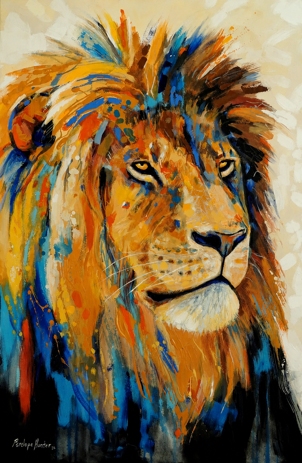 Penelope Hunter original acrylic painting on stretched canvas depicting a male lion with a dramatic blue, orange and golden mane