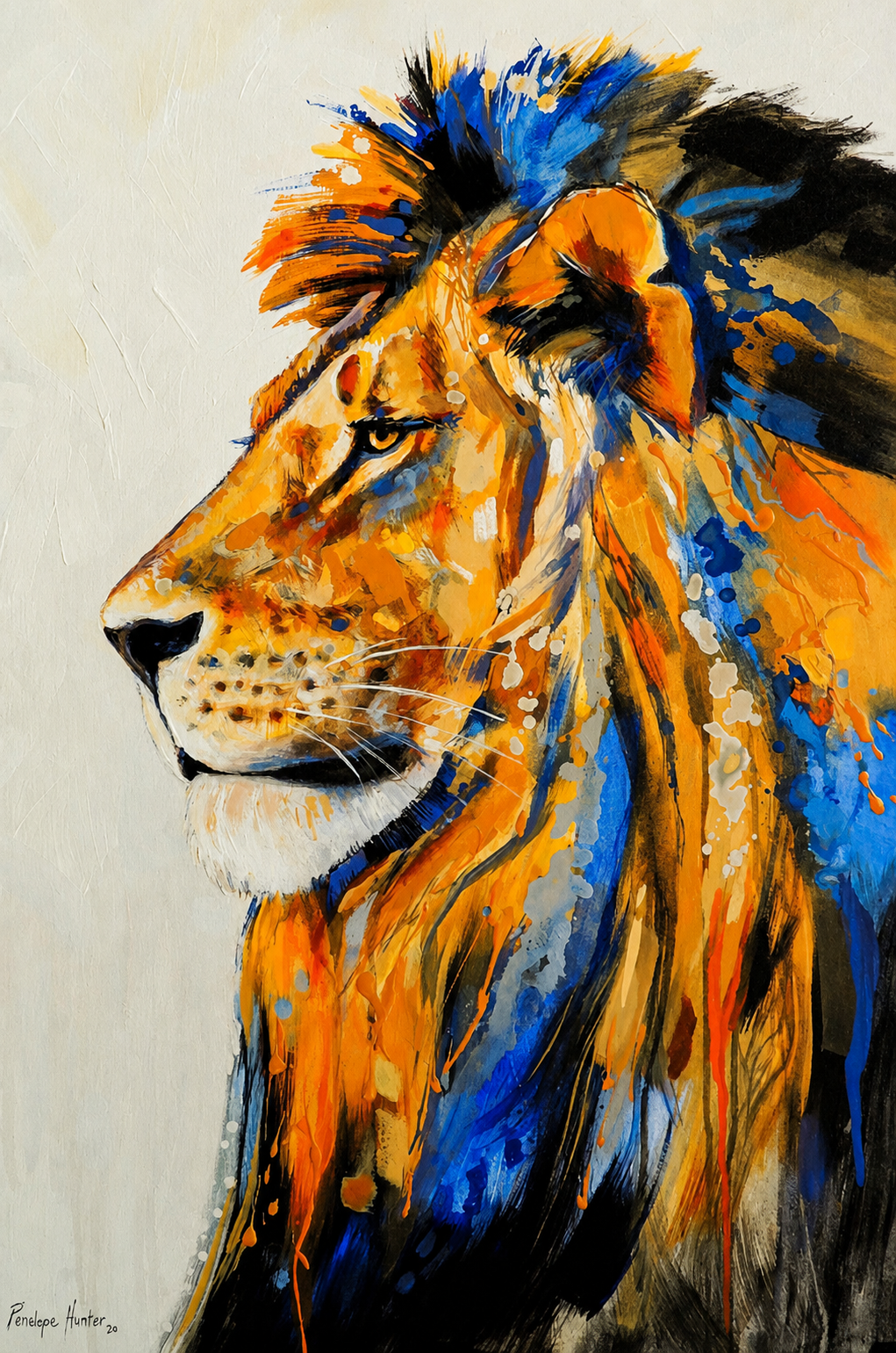 Penelope Hunter original acrylic painting on stretched canvas depicting a male lion in side profile with a vivid blue and orange mane