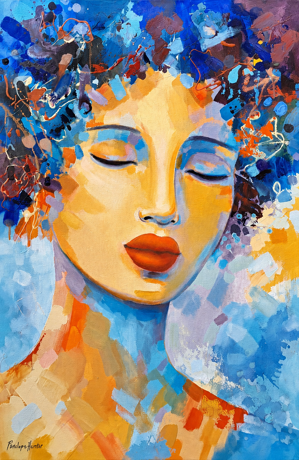 Penelope Hunter original acrylic painting on stretched canvas depicting a serene woman with closed eyes surrounded by blue and orange abstraction