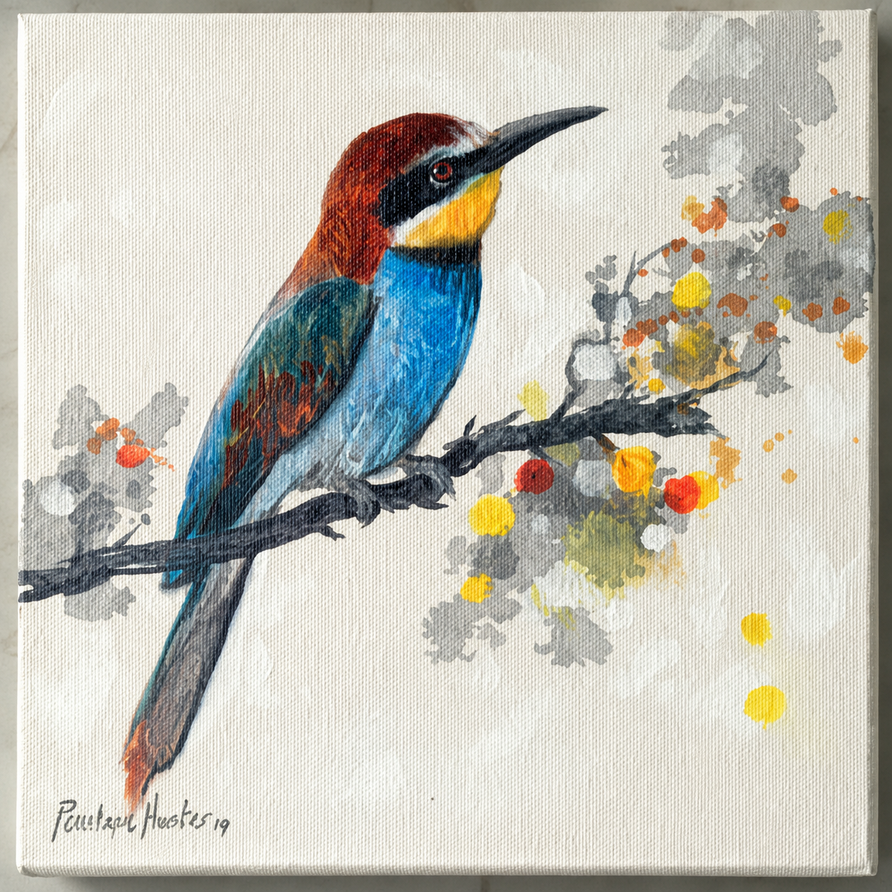 Penelope Hunter original acrylic painting on stretched canvas depicting a turquoise and red bee-eater perched beside expressive grey colour splashes