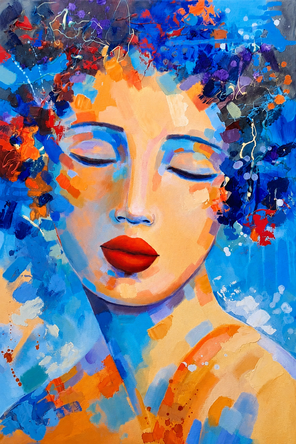 Penelope Hunter original acrylic painting on stretched canvas depicting a serene woman with closed eyes surrounded by vivid blue and red abstraction