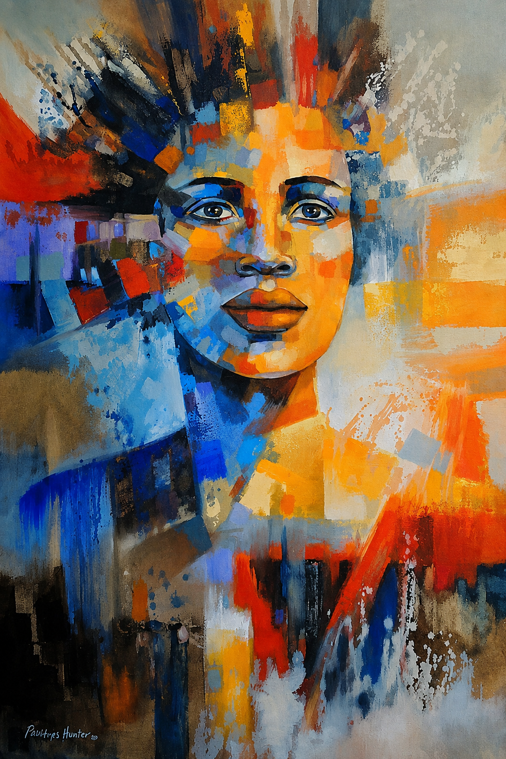 Penelope Hunter original acrylic painting on stretched canvas depicting a woman through vibrant geometric blocks of blue, orange, yellow and red