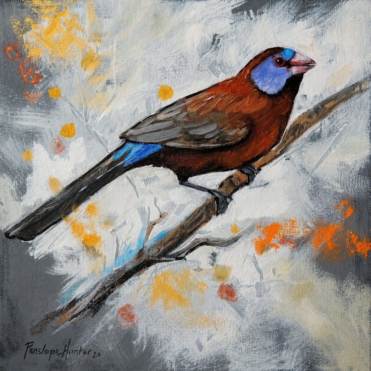 Penelope Hunter original acrylic painting on stretched canvas depicting a chestnut brown bird with vivid blue markings perched on a branch