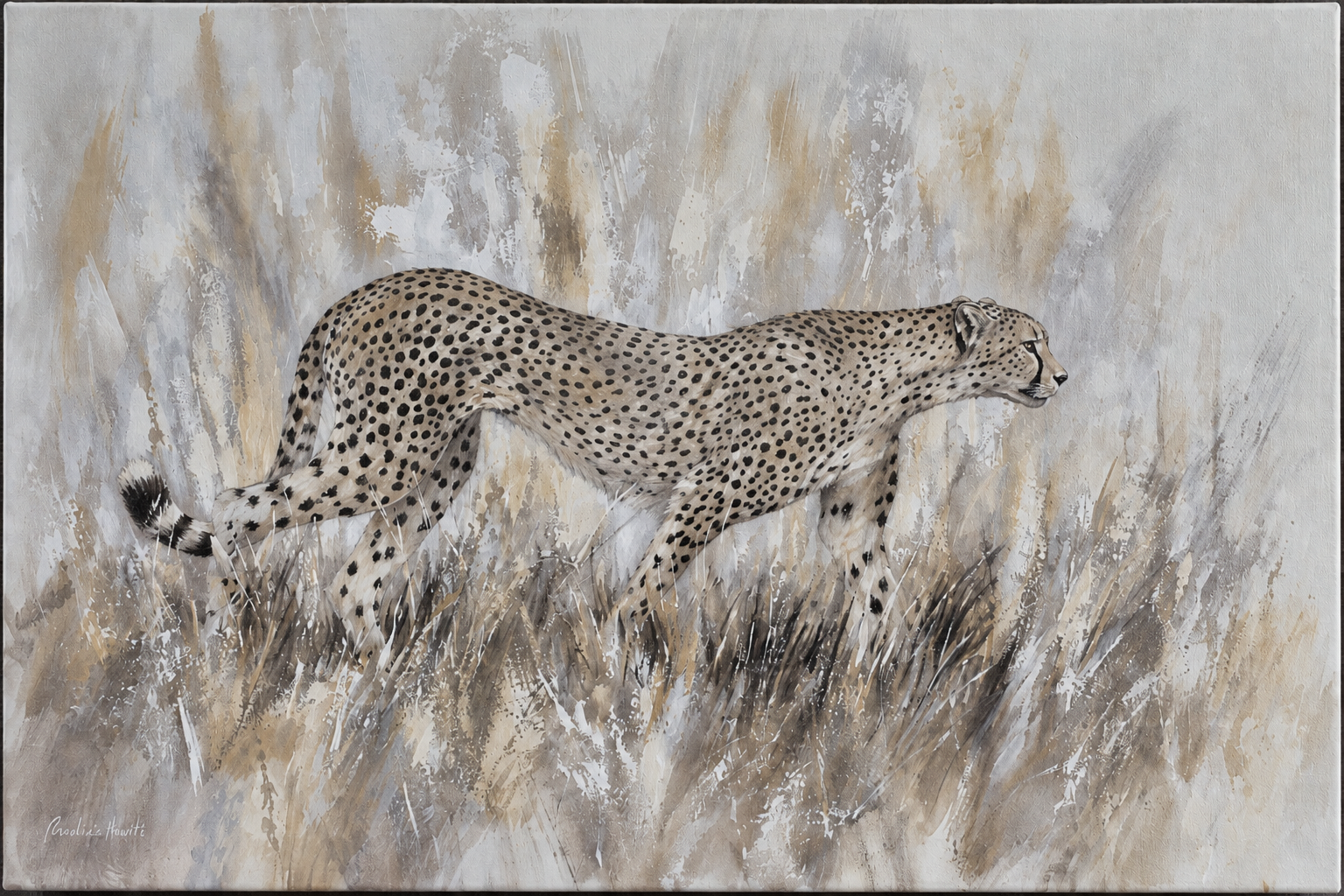 Penelope Hunter original painting on stretched canvas depicting a cheetah moving through tall grass in a softly textured neutral landscape