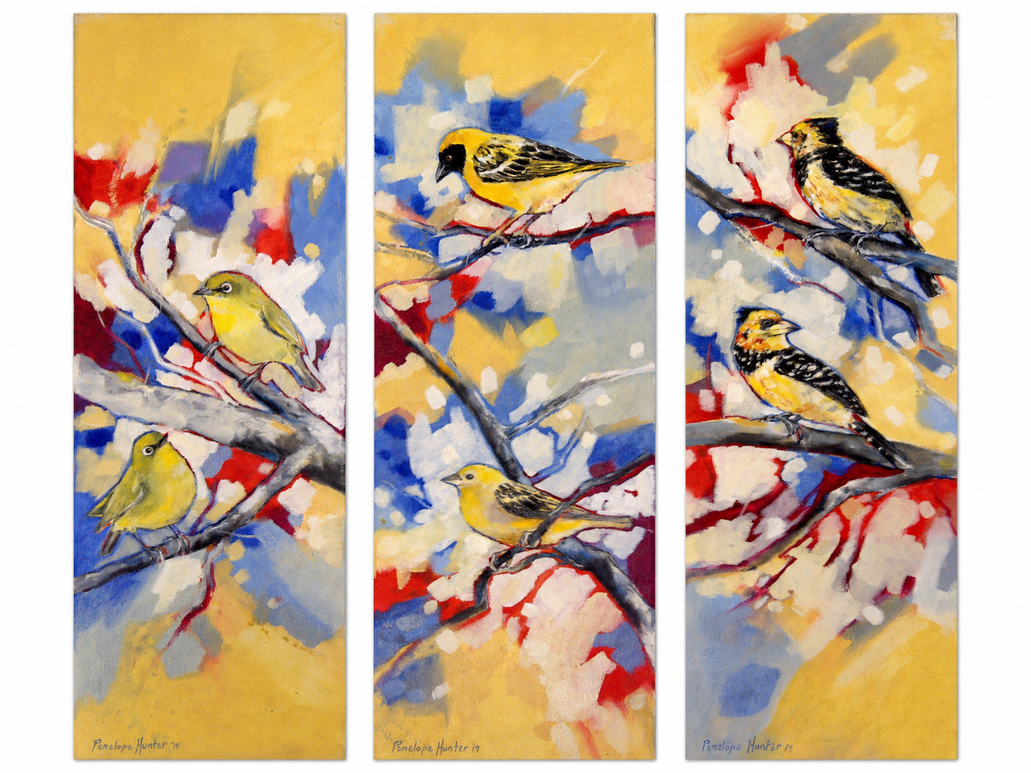 Penelope Hunter original acrylic painting triptych depicting colourful birds perched among branches across three vertical panels
