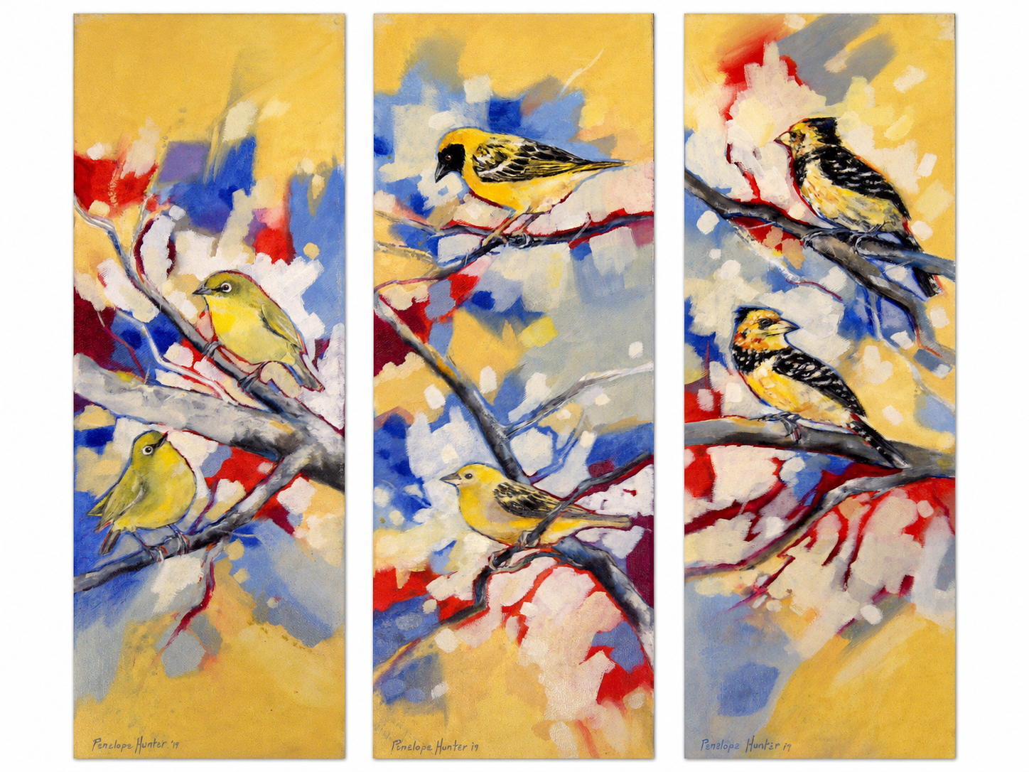 Penelope Hunter original acrylic painting triptych depicting colourful birds perched among branches across three vertical panels