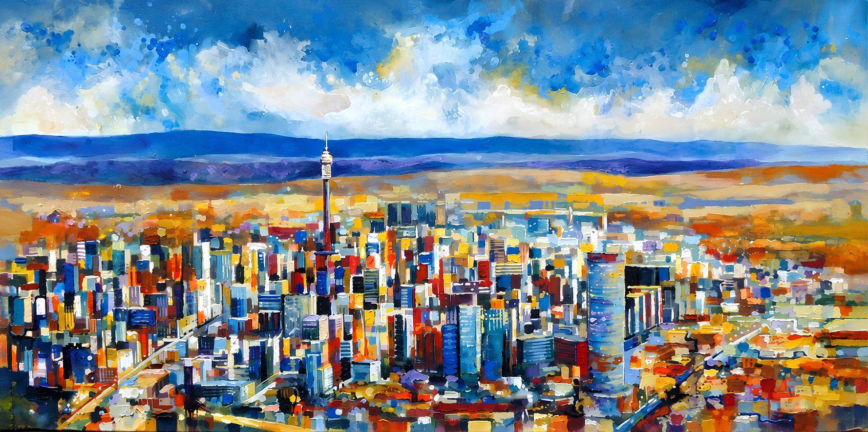 Penelope Hunter original acrylic painting on stretched canvas depicting a colourful aerial city panorama extending toward distant hills