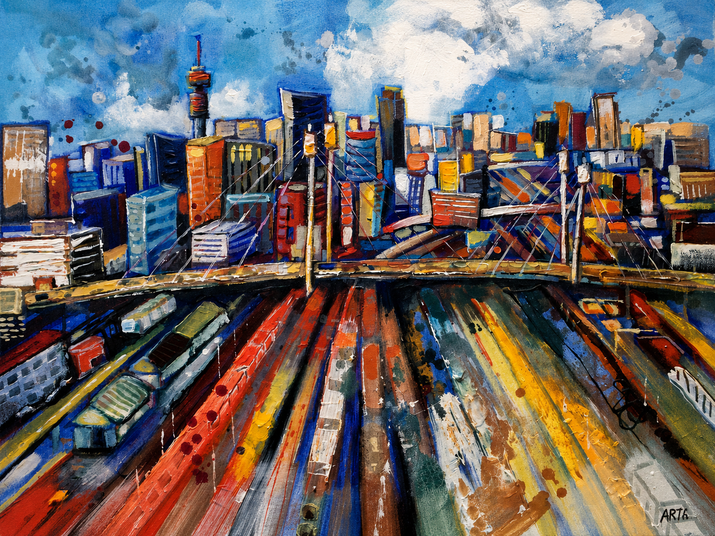 Penelope Hunter original acrylic painting on stretched canvas depicting a colourful city skyline overlooking converging railway tracks