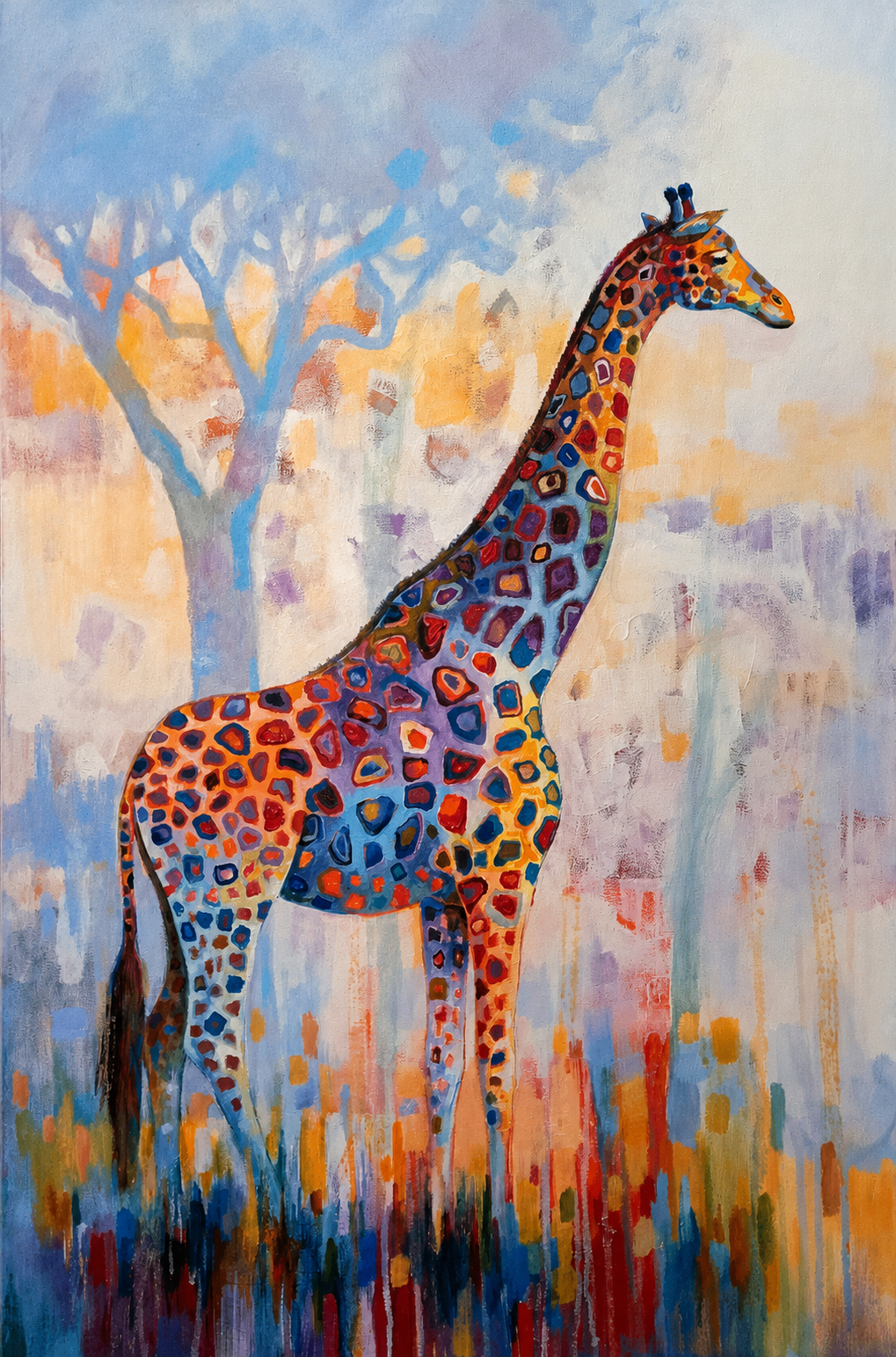 Penelope Hunter original acrylic painting on stretched canvas depicting a colourful giraffe standing within a softly painted African savanna
