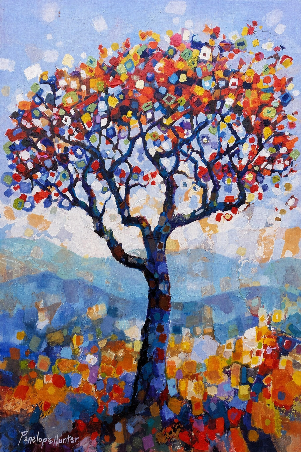 Penelope Hunter original acrylic painting on stretched canvas depicting a colourful mosaic-like tree above a vibrant abstract landscape