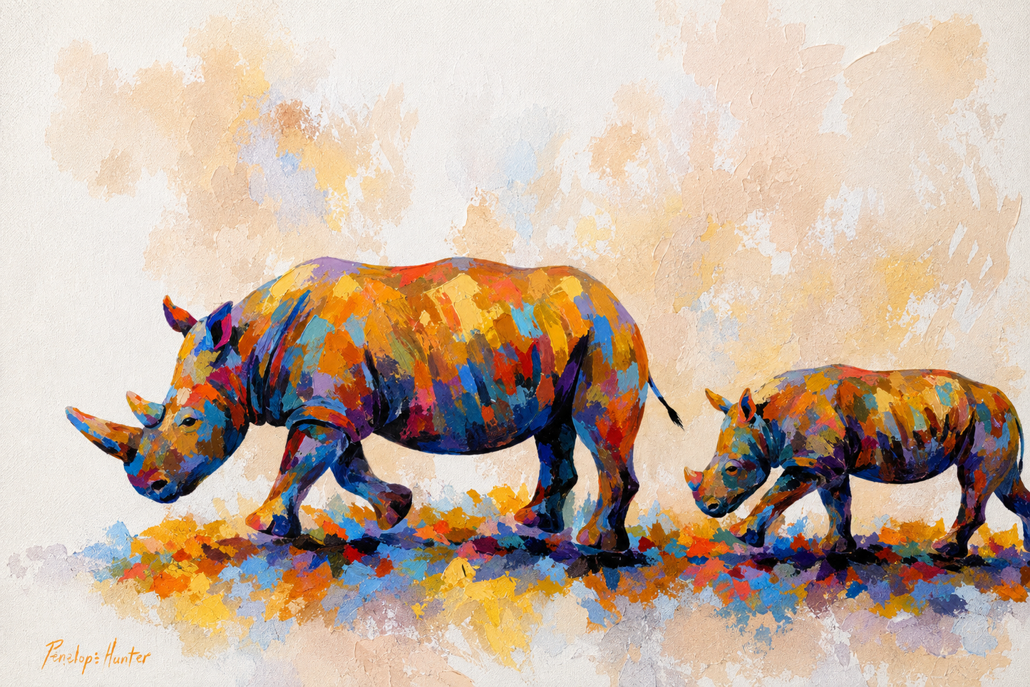 Penelope Hunter original acrylic painting on stretched canvas depicting an adult rhinoceros and calf walking side by side in a vibrant contemporary wildlife composition