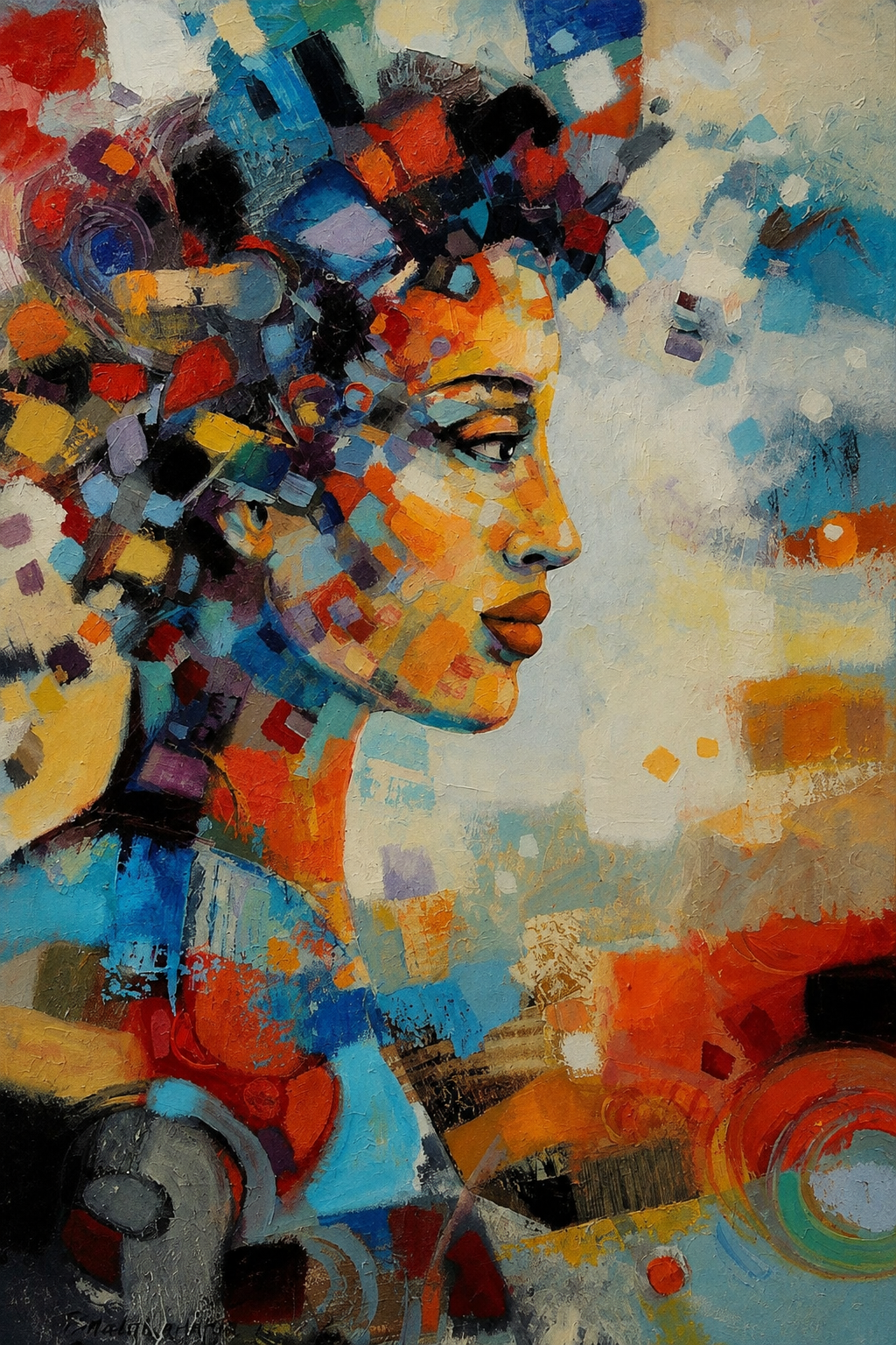 Penelope Hunter original acrylic painting on stretched canvas depicting a woman in side profile surrounded by vibrant geometric colour
