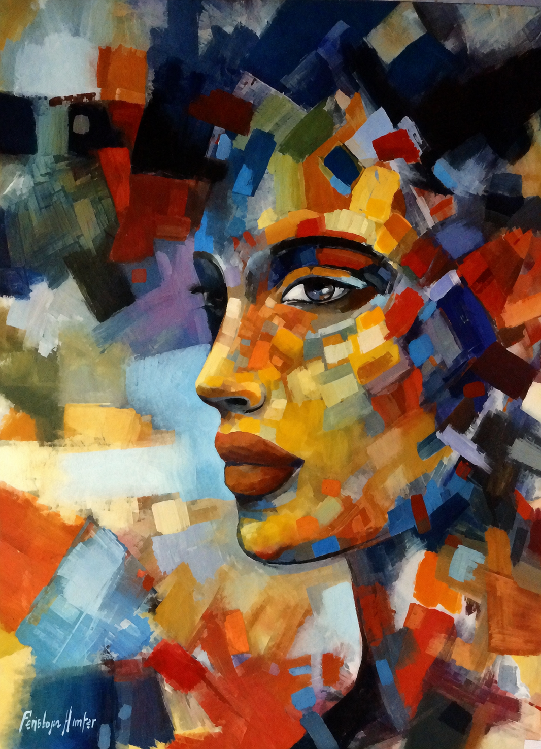 Penelope Hunter original acrylic painting on stretched canvas depicting a woman in profile through fragmented blue, red and golden geometric colour