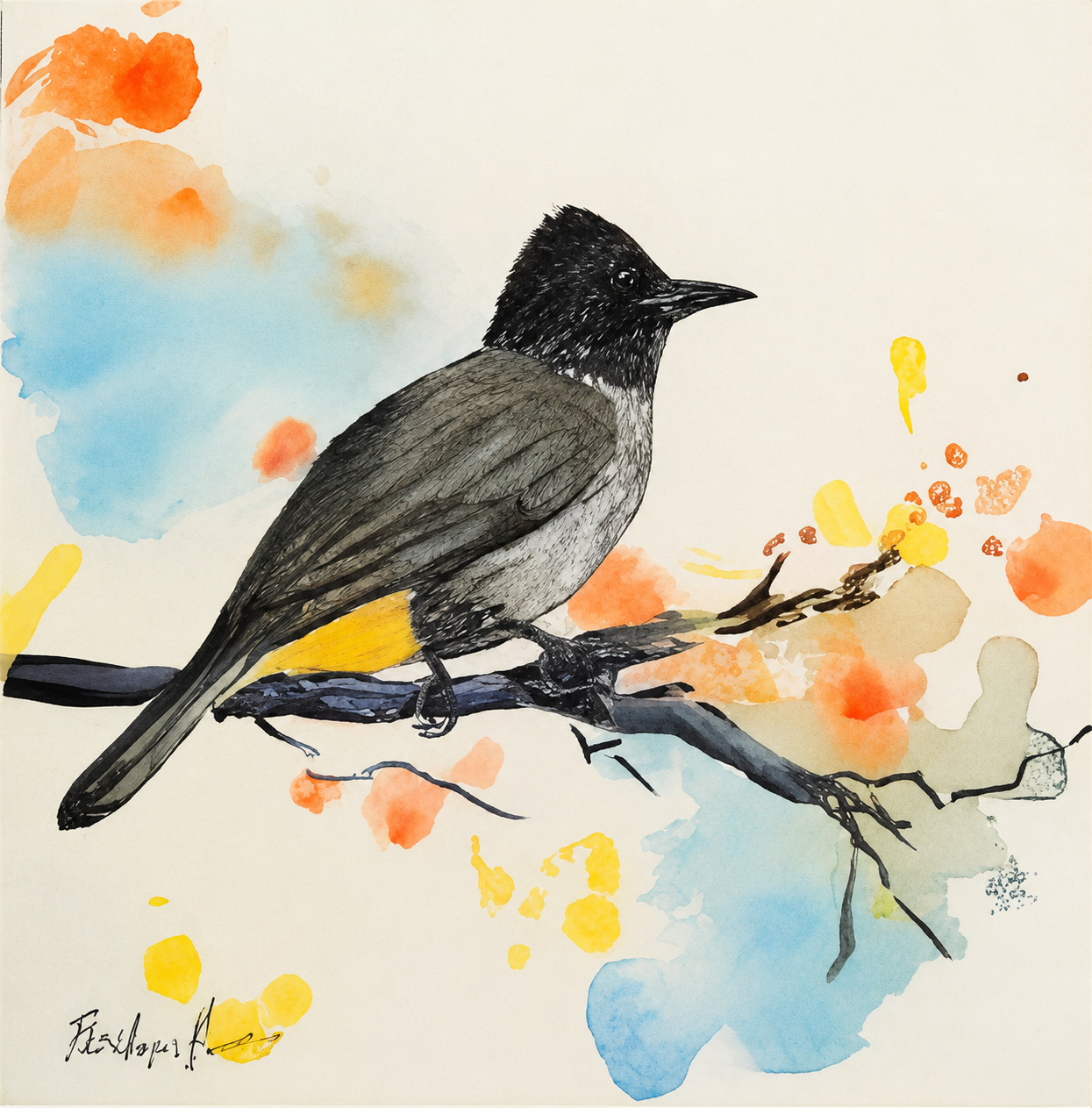 Penelope Hunter original acrylic painting on stretched canvas depicting a dark grey crested bird with warm yellow markings perched on a branch