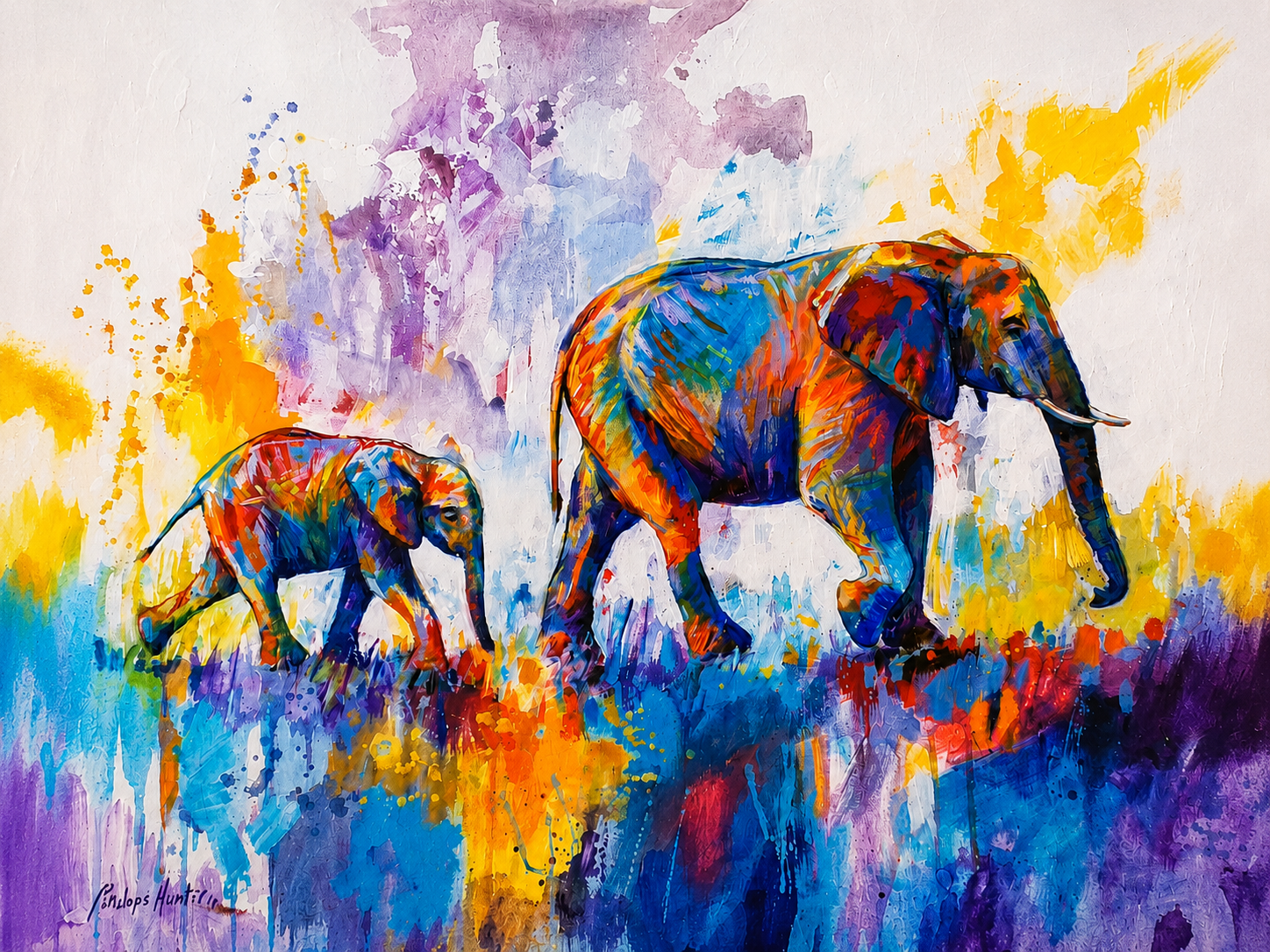 Penelope Hunter original acrylic painting on stretched canvas depicting an African elephant and calf in vivid purple, yellow, blue and orange colour