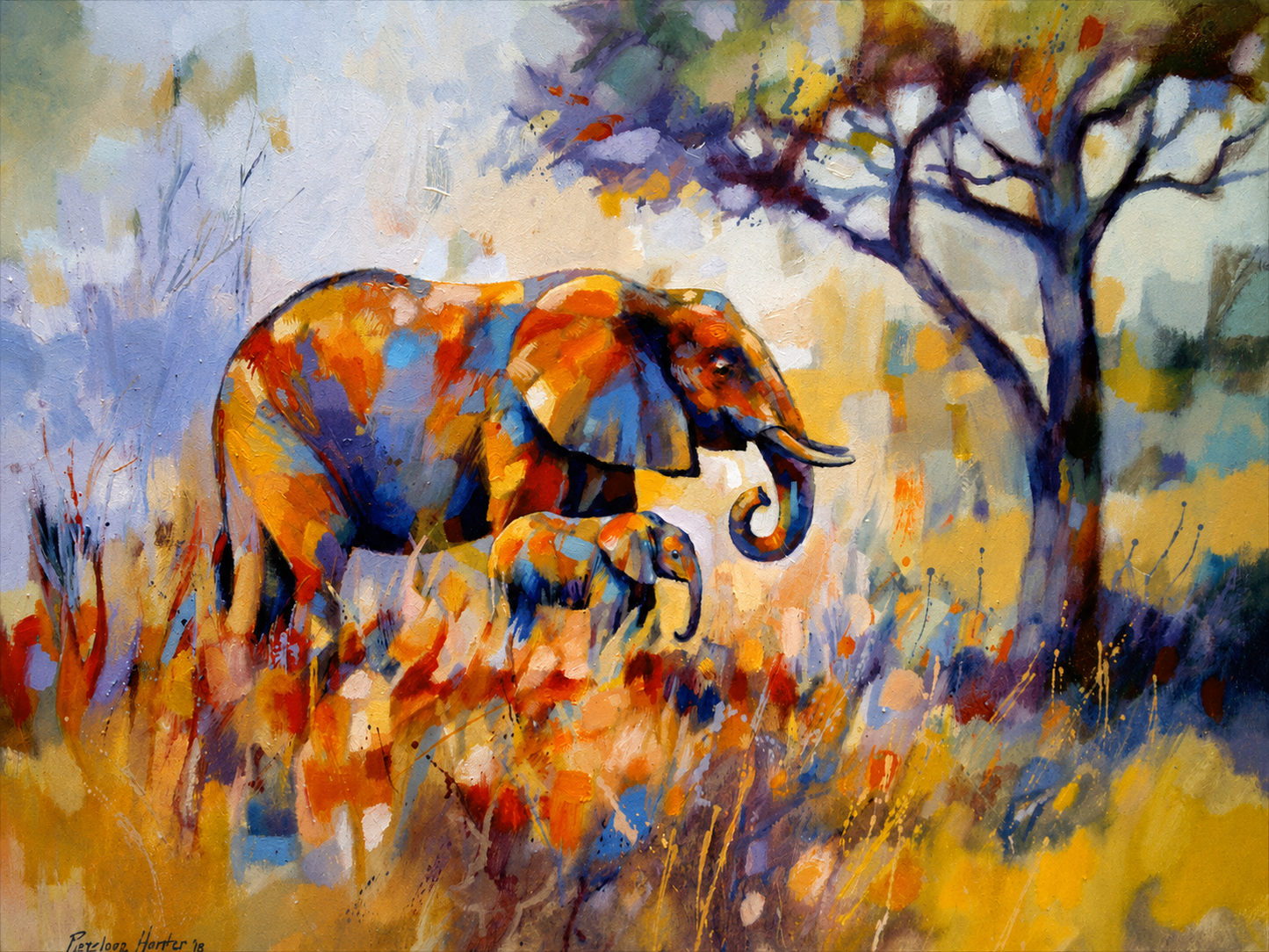 Penelope Hunter original acrylic painting on stretched canvas depicting an African elephant and calf walking beneath a spreading tree