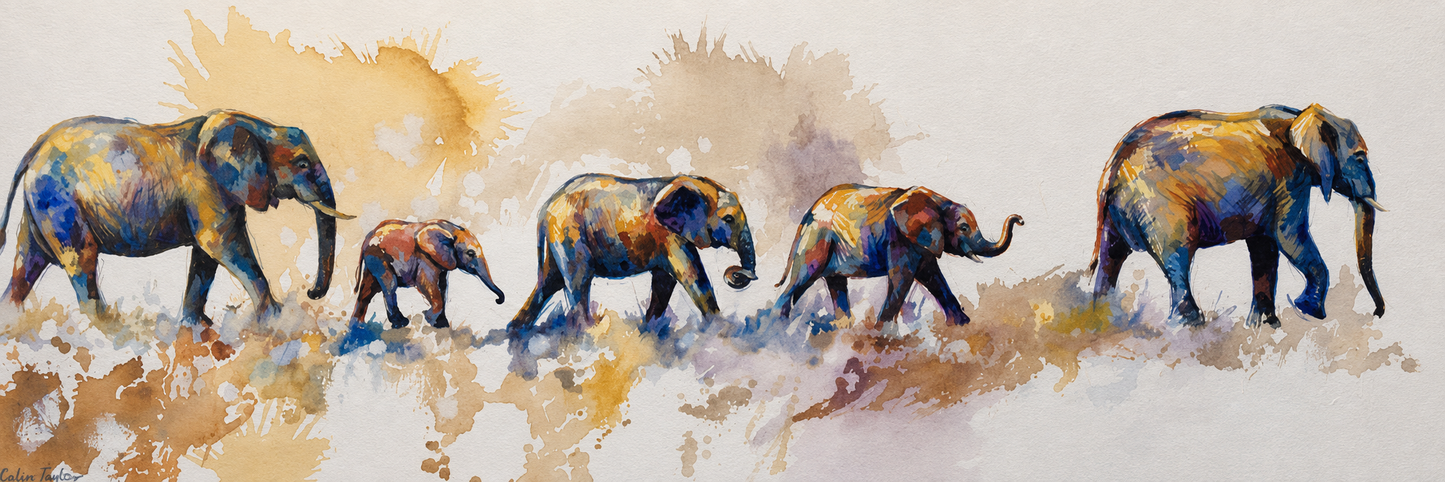 Penelope Hunter original acrylic painting on stretched canvas depicting a herd of colourful African elephants walking together in a panorama
