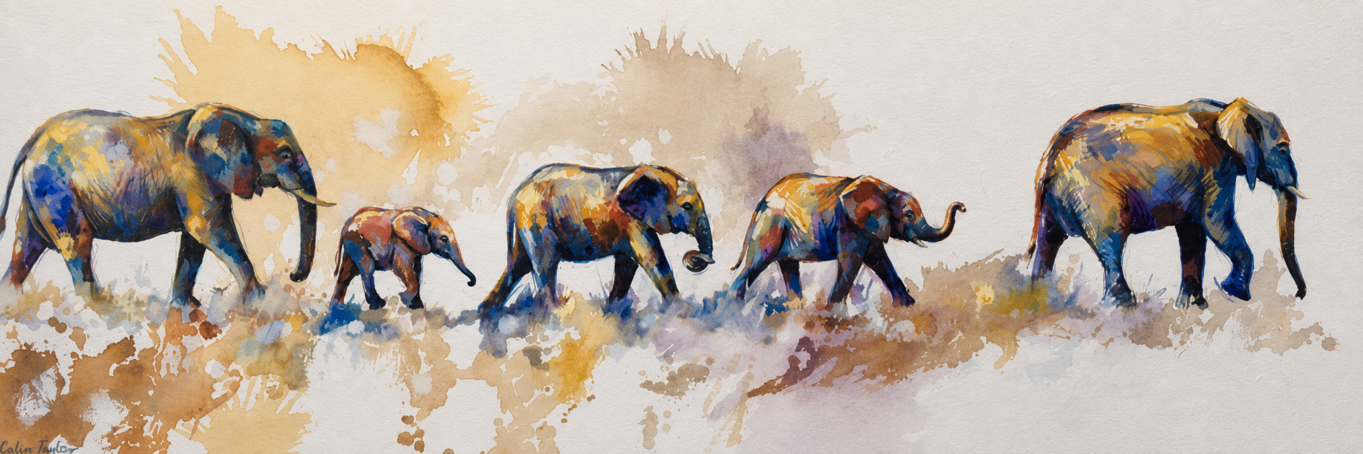 Penelope Hunter original acrylic painting on stretched canvas depicting a herd of colourful African elephants walking together in a panorama