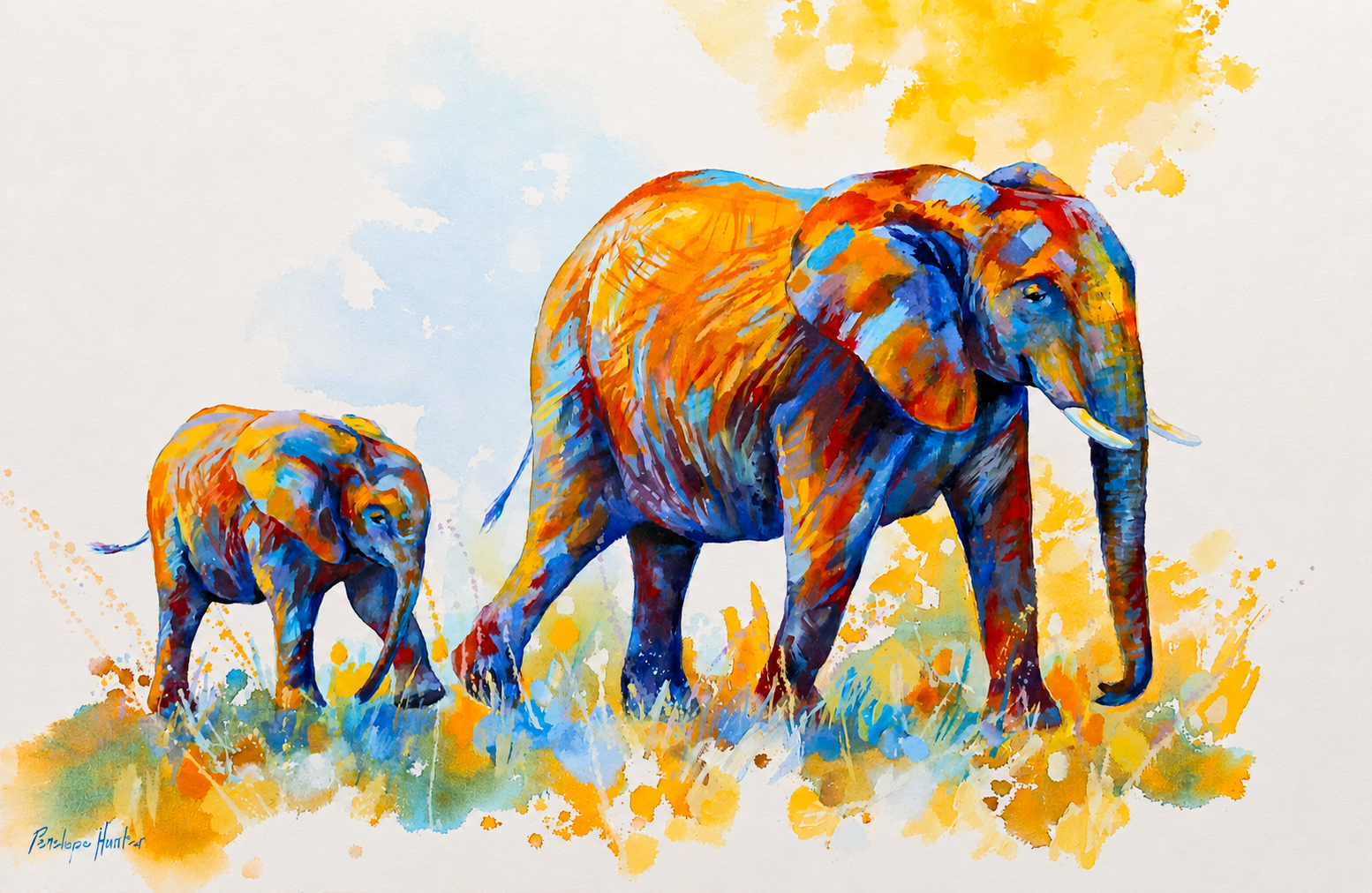 Penelope Hunter original acrylic painting on stretched canvas depicting a colourful African elephant mother walking alongside her young calf