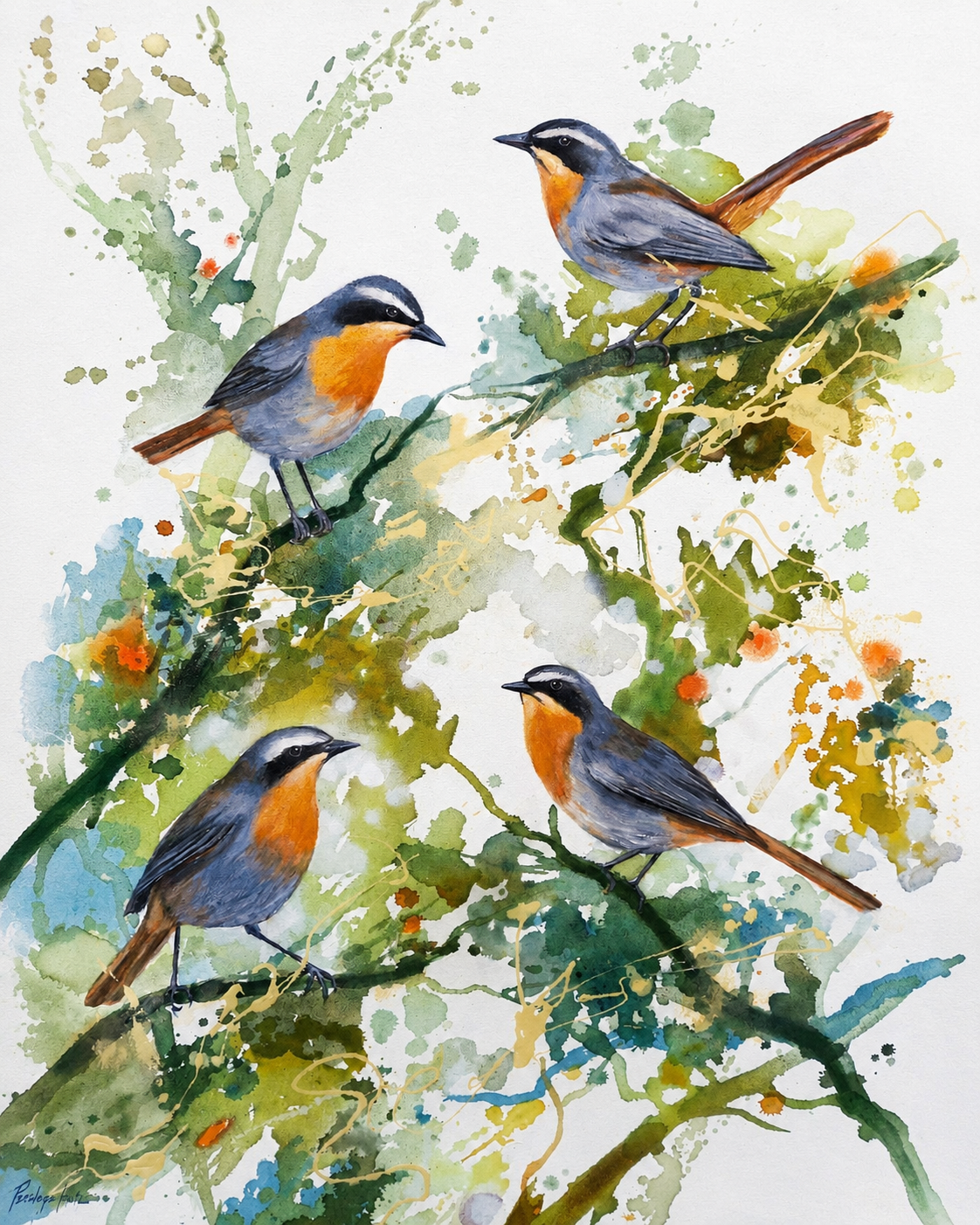 Penelope Hunter original acrylic painting on stretched canvas depicting four garden birds perched among abundant green leafy branches