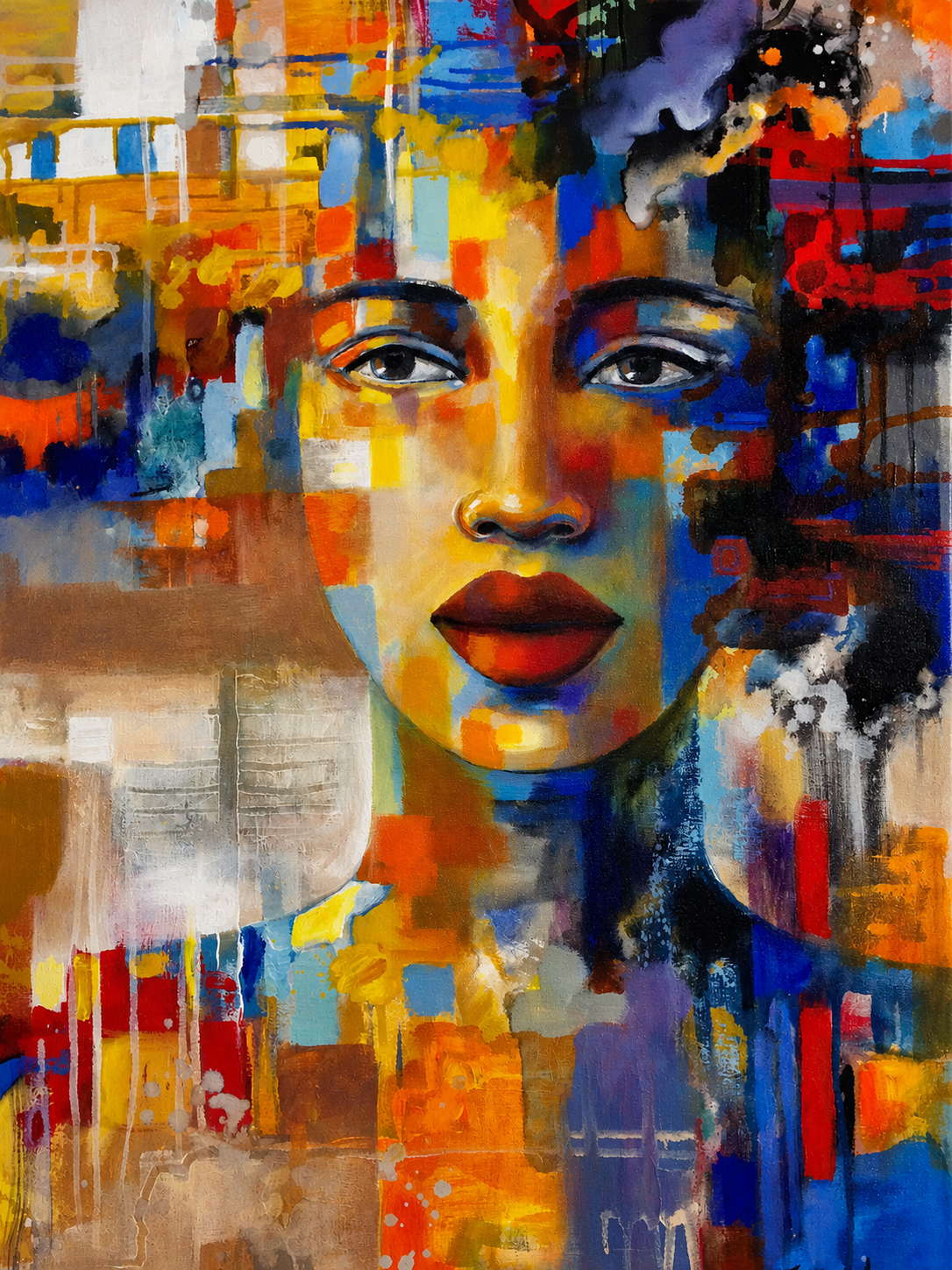 Penelope Hunter original acrylic painting on stretched canvas depicting a woman emerging through geometric blocks of yellow, orange and blue