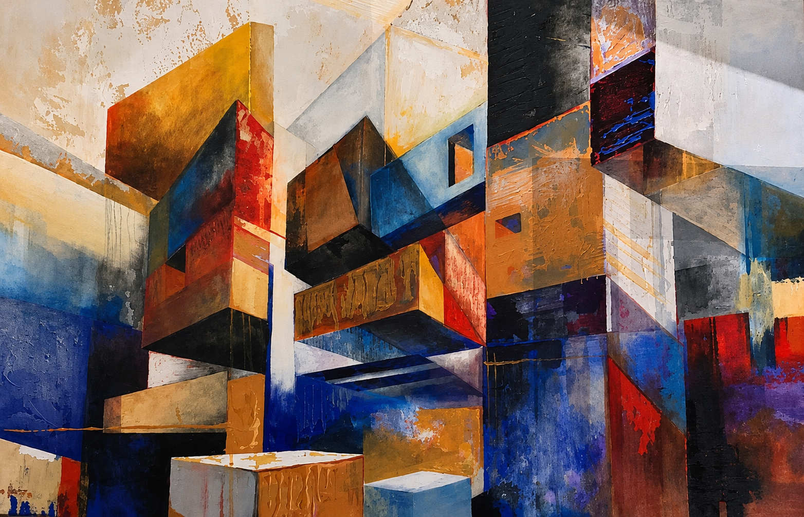 Penelope Hunter original acrylic painting on stretched canvas depicting layered geometric architectural forms in blue, orange, black and ochre