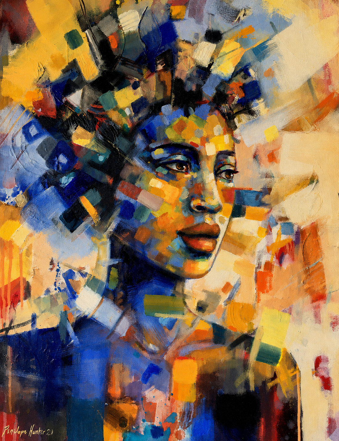 Penelope Hunter original acrylic painting on stretched canvas depicting a woman surrounded by geometric blue, yellow, orange and black colour