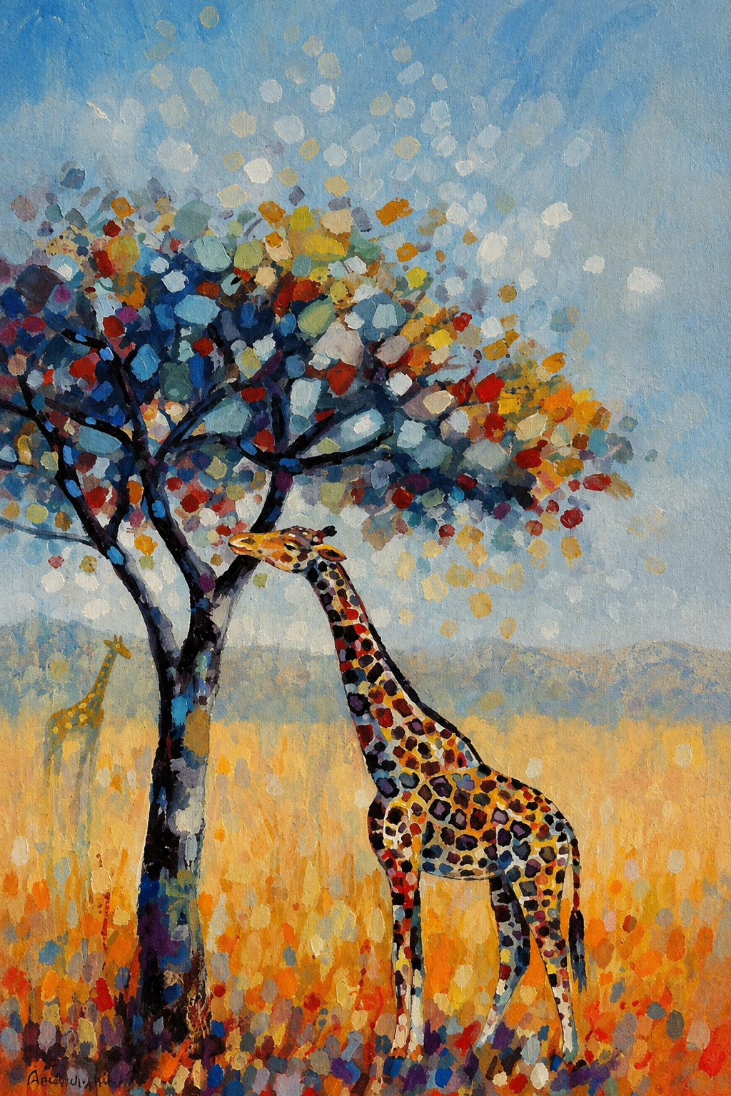 Penelope Hunter original acrylic painting on stretched canvas depicting a giraffe standing beneath a colourful blossoming savanna tree