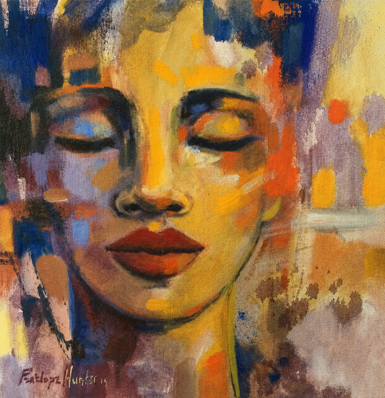 Penelope Hunter original acrylic painting on stretched canvas depicting a serene woman with closed eyes in warm golden and brown abstract colour