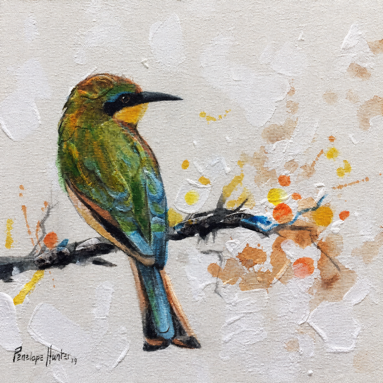 Penelope Hunter original acrylic painting on stretched canvas depicting an olive-green bird perched quietly on a dark branch
