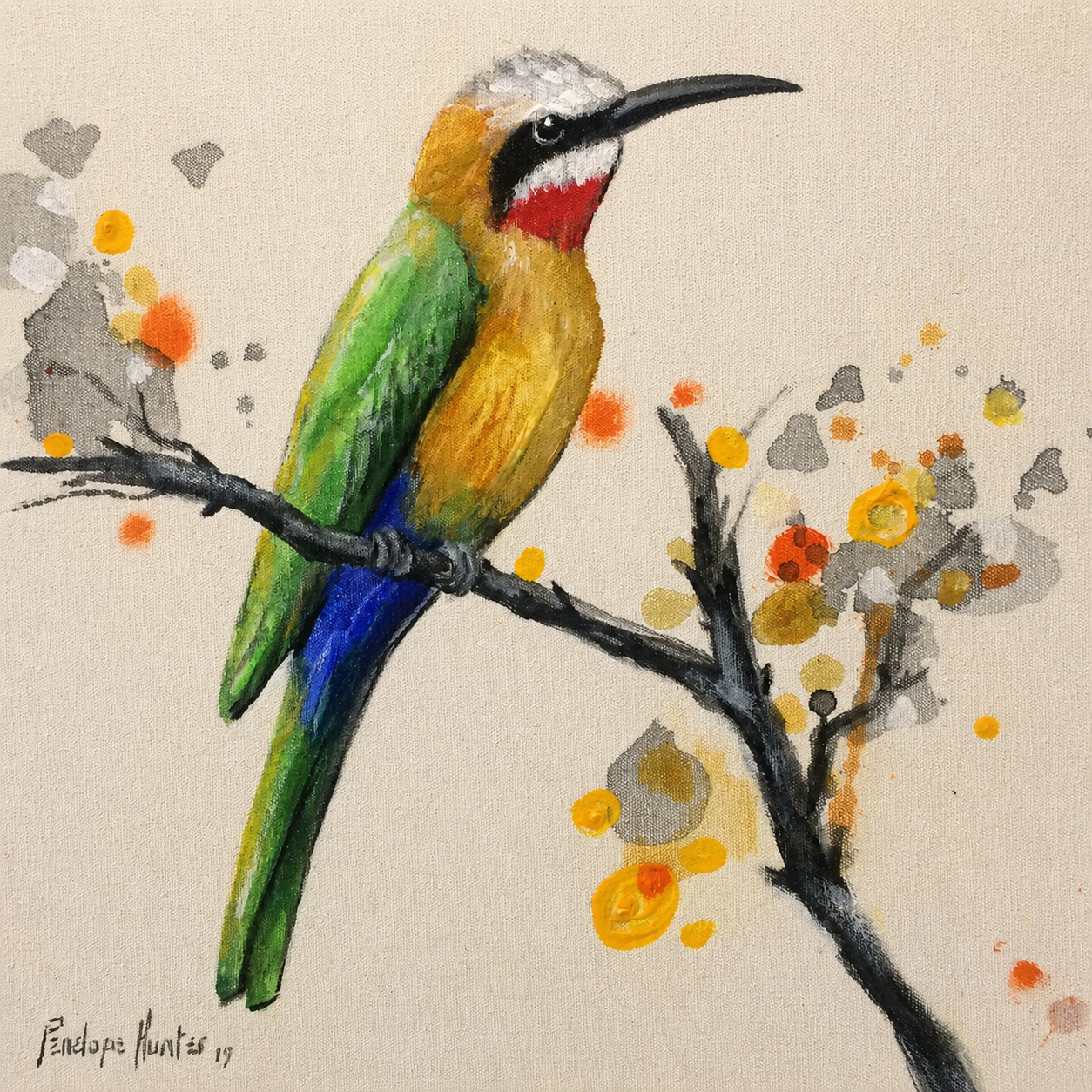 Penelope Hunter original acrylic painting on stretched canvas depicting a colourful green and golden long-beaked bird perched on a flowering branch