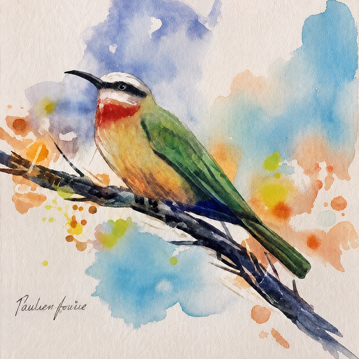 Penelope Hunter original acrylic painting on stretched canvas depicting a green and orange bee-eater perched against soft colourful washes