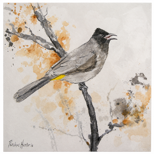 Penelope Hunter original acrylic painting on stretched canvas depicting a soft grey bird perched on a bare branch