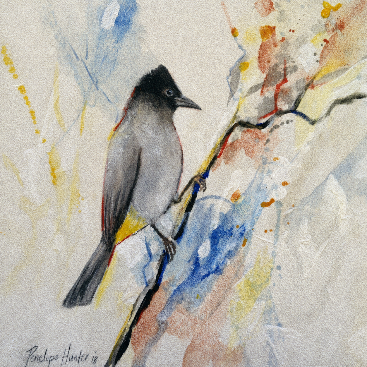 Penelope Hunter original acrylic painting on stretched canvas depicting a small grey bird with a dark head perched on a slender branch