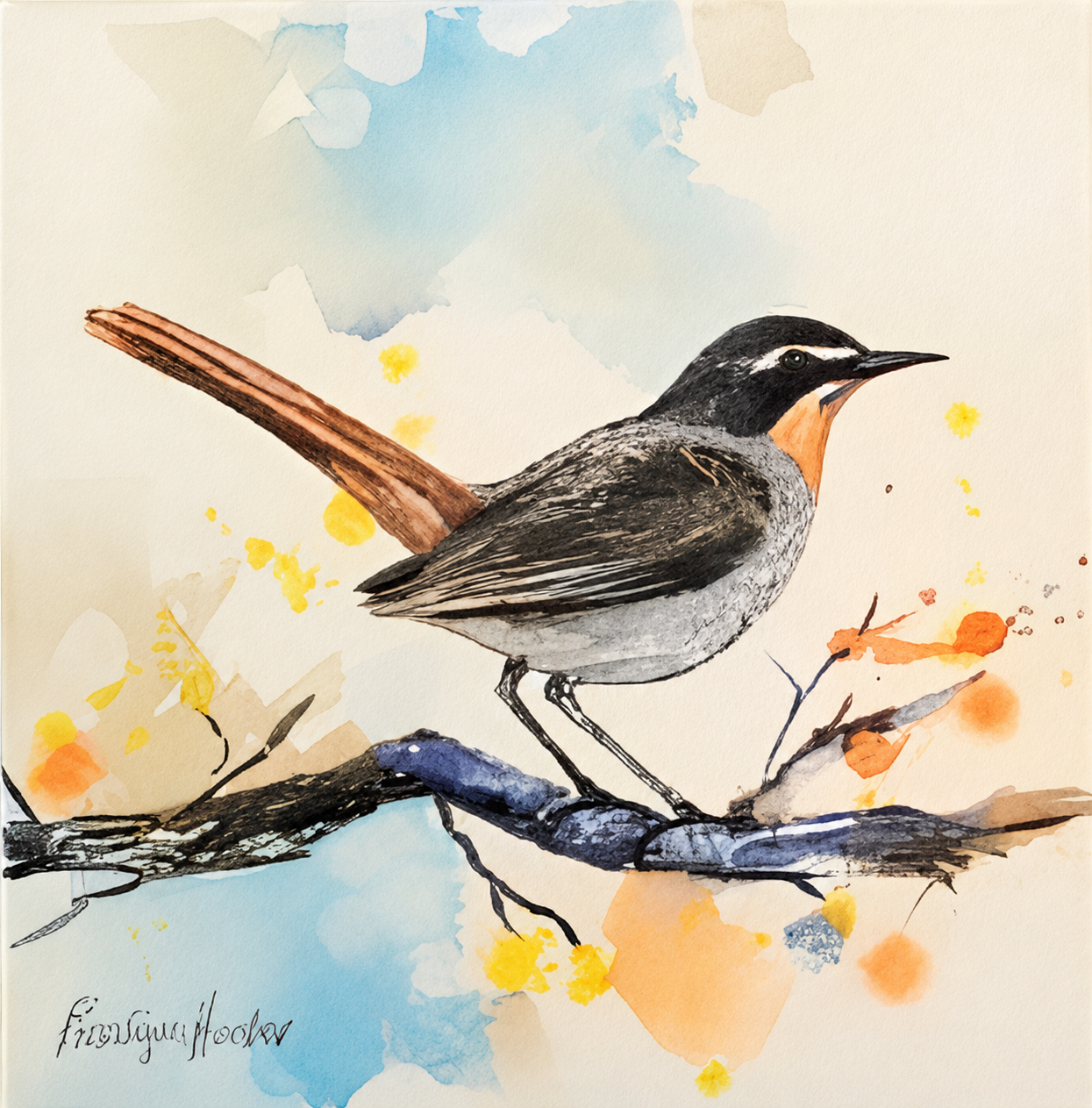 Penelope Hunter original acrylic painting on stretched canvas depicting a grey-brown bird with an orange tail perched on a branch