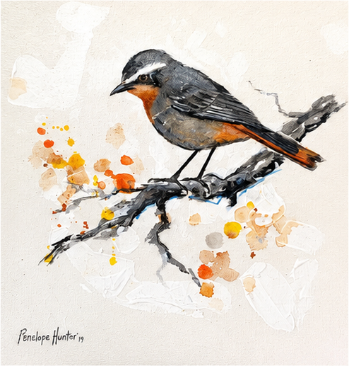 Penelope Hunter original acrylic painting on stretched canvas depicting a grey bird with a warm orange breast perched on a branch