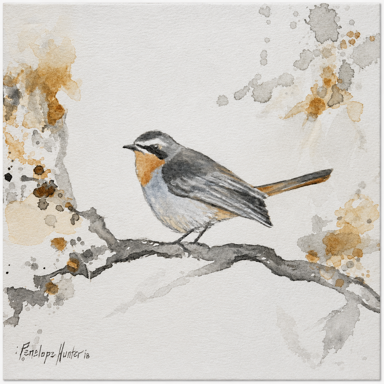 Penelope Hunter original acrylic painting on stretched canvas depicting a small grey bird perched quietly on a pale branch