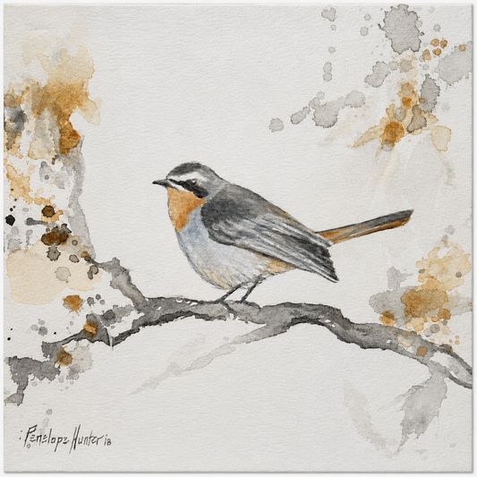Penelope Hunter original acrylic painting on stretched canvas depicting a small grey bird perched quietly on a pale branch