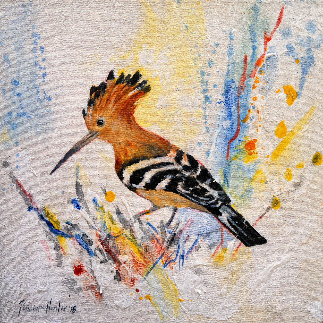 Penelope Hunter original acrylic painting on stretched canvas depicting a crested hoopoe surrounded by expressive blue, orange and yellow colour