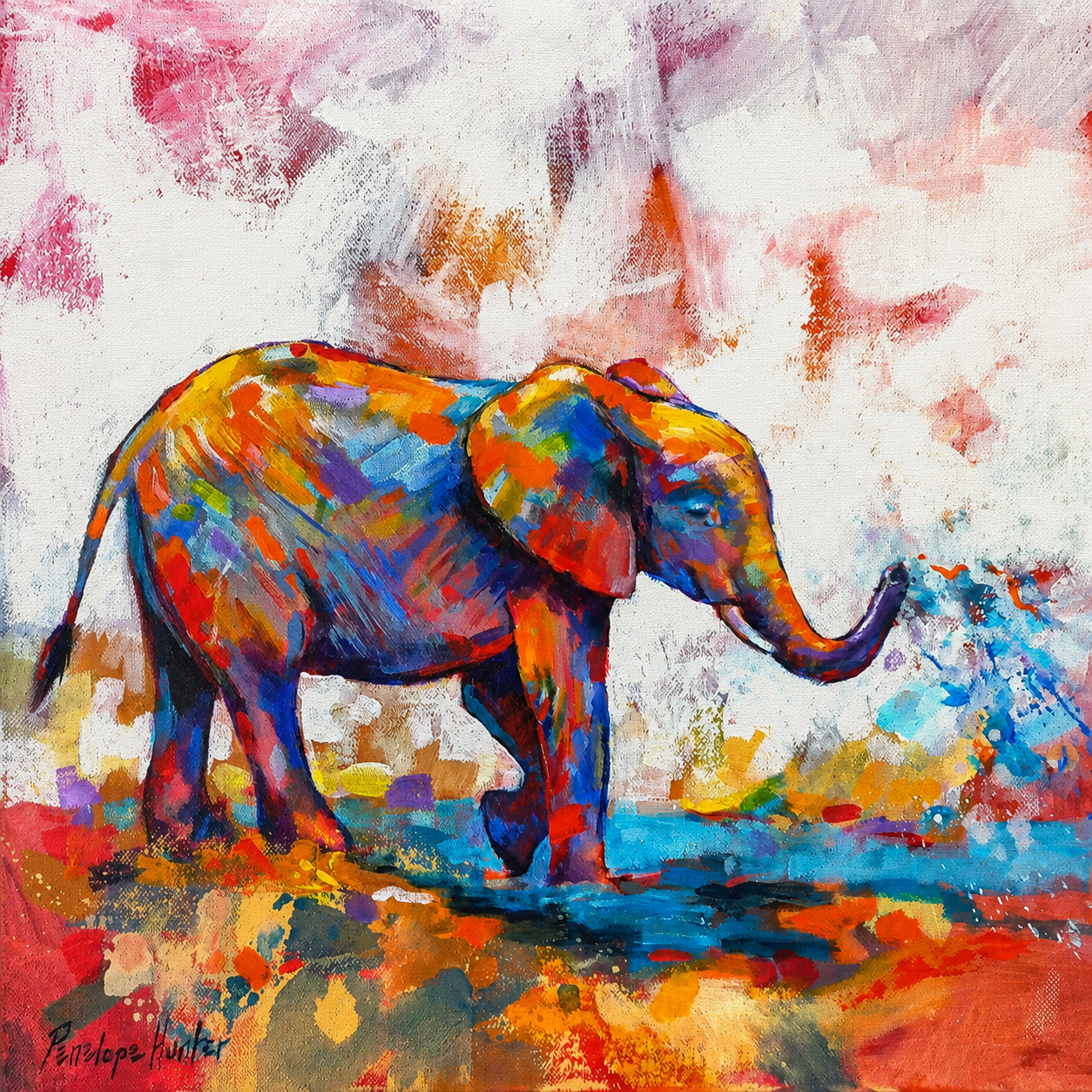 Penelope Hunter original acrylic painting on stretched canvas depicting a lone African elephant in vivid blue, orange and red colour