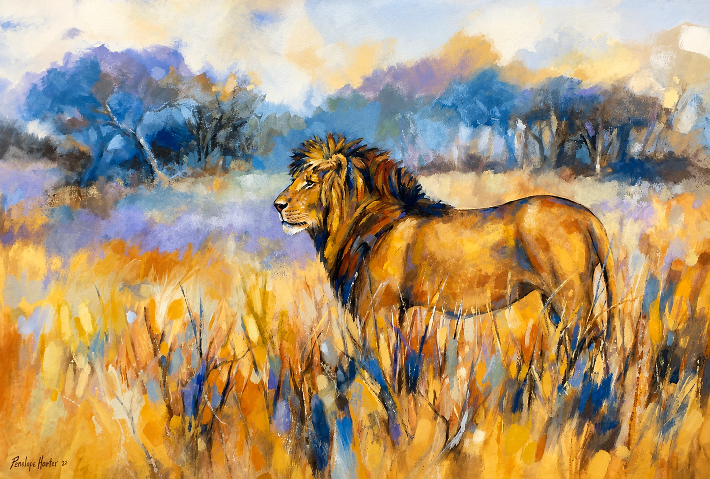 Penelope Hunter original acrylic painting on stretched canvas depicting a male African lion standing in tall golden grassland