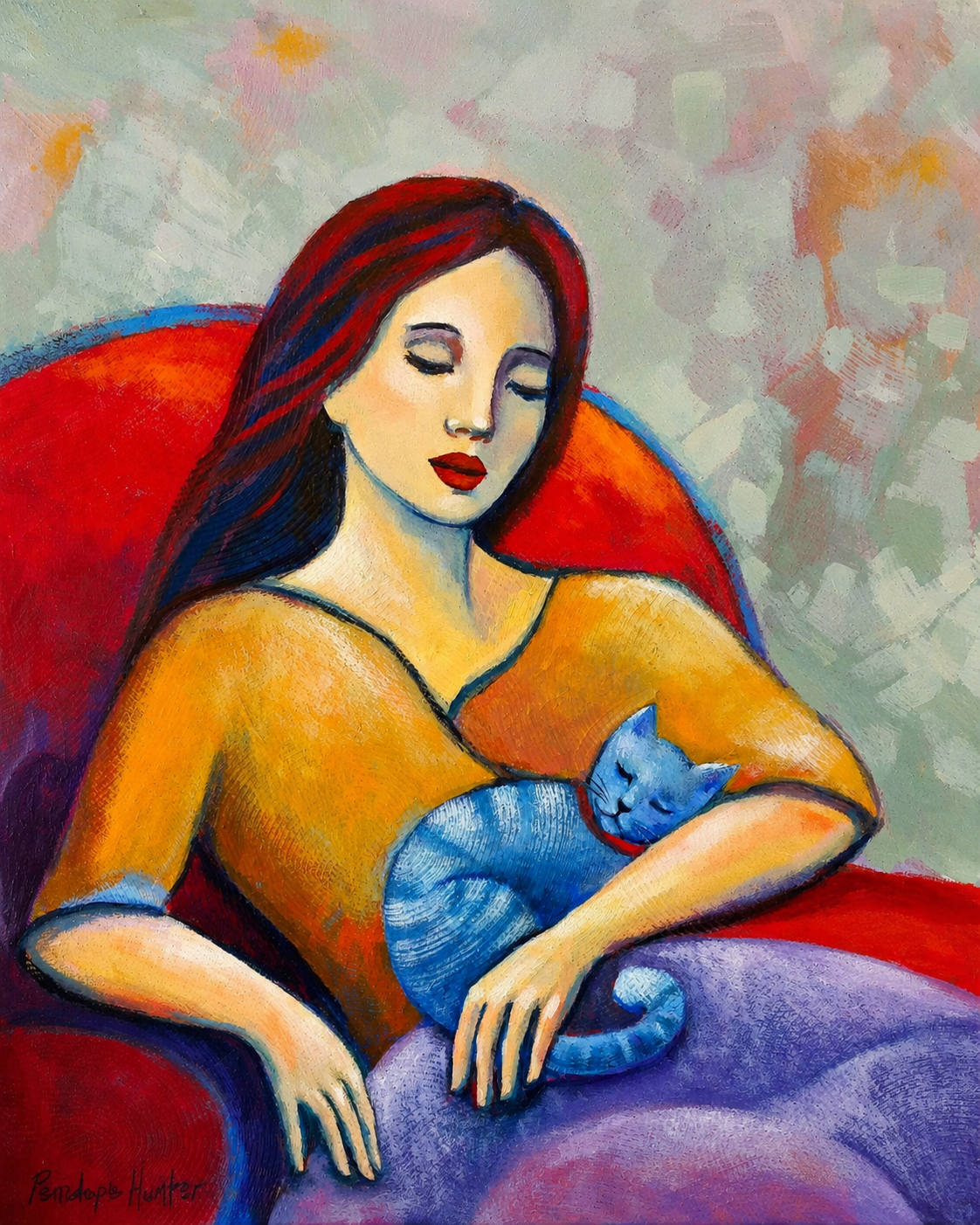 Penelope Hunter original acrylic painting on stretched canvas depicting a seated mother tenderly cradling her sleeping child