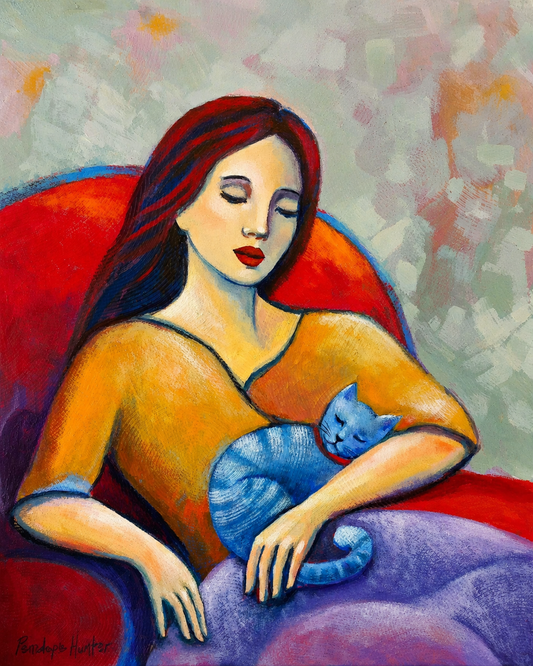 Penelope Hunter original acrylic painting on stretched canvas depicting a seated mother tenderly cradling her sleeping child
