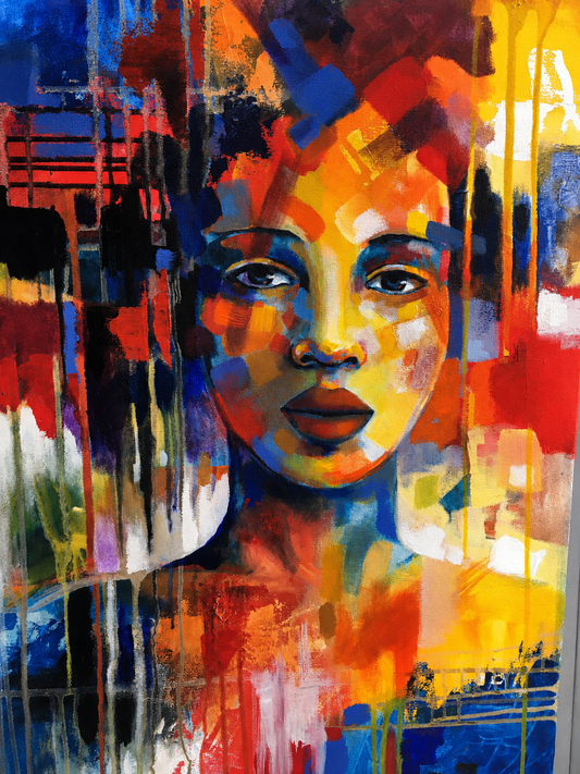 Penelope Hunter original acrylic painting on stretched canvas depicting a woman emerging through vivid red, blue, orange and yellow abstract colour