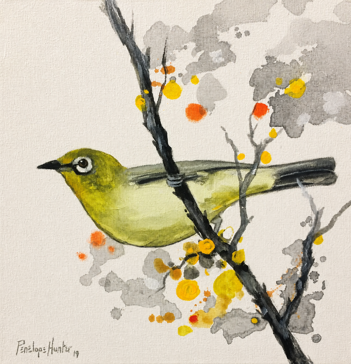 Penelope Hunter original acrylic painting on stretched canvas depicting a small olive-green bird perched among dark branching stems