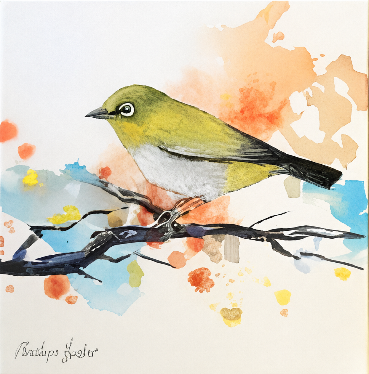 Penelope Hunter original acrylic painting on stretched canvas depicting a small olive-green songbird perched on a dark branch