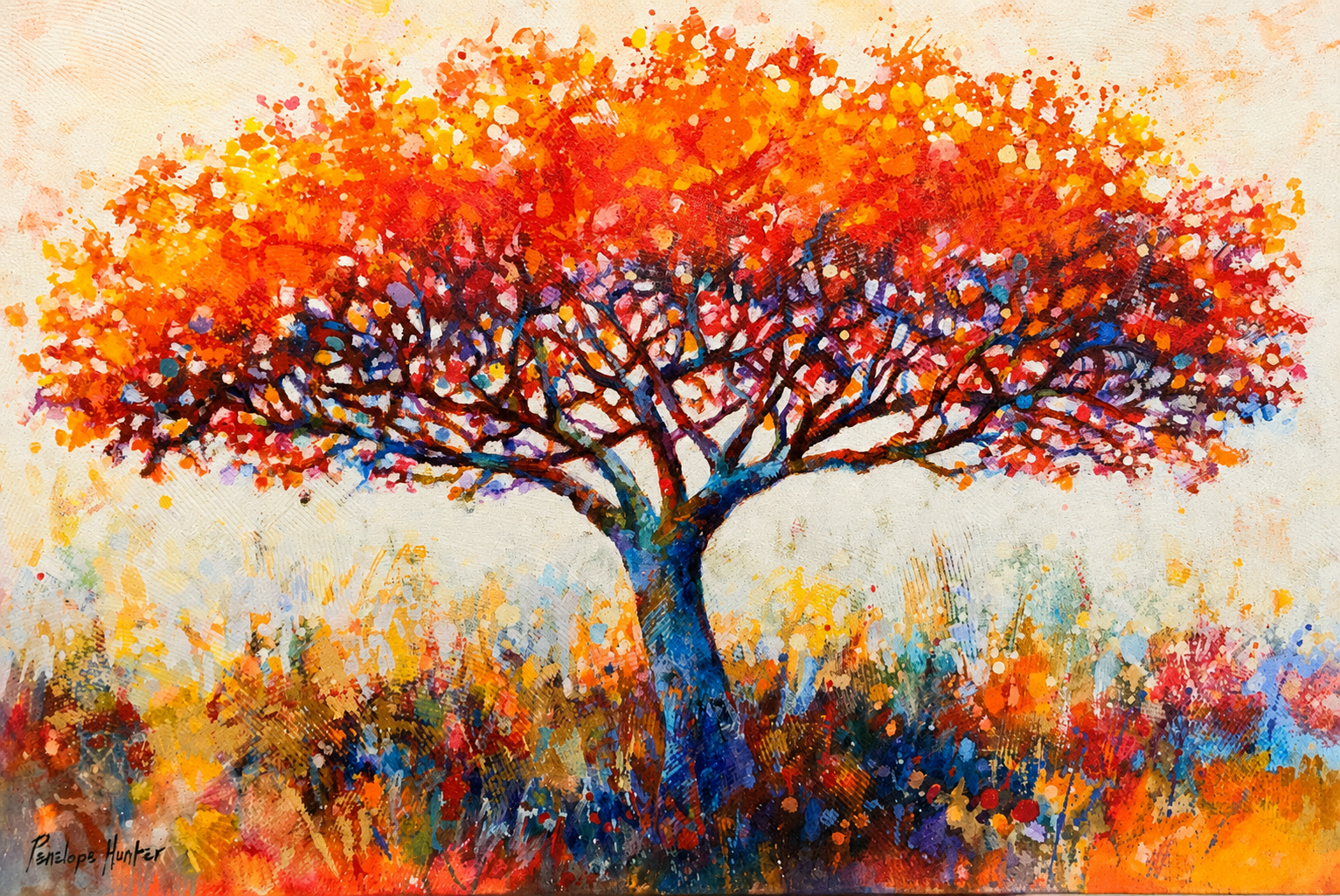 Penelope Hunter original acrylic painting on stretched canvas depicting a brilliant orange acacia tree above a colourful African grassland