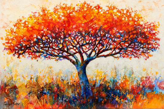 Penelope Hunter original acrylic painting on stretched canvas depicting a brilliant orange acacia tree above a colourful African grassland