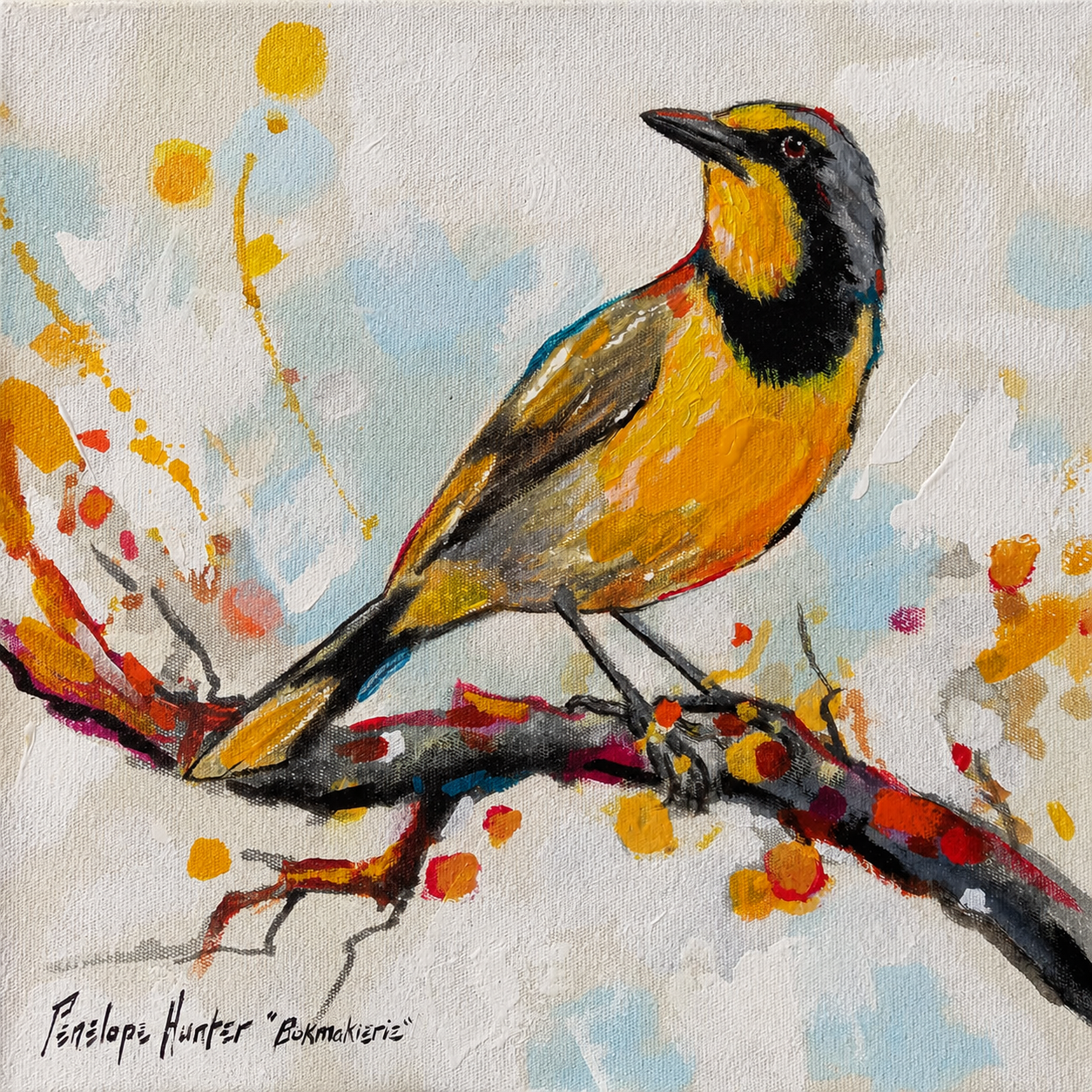 Penelope Hunter original acrylic painting on stretched canvas depicting an orange and black bird perched on a colourful branch