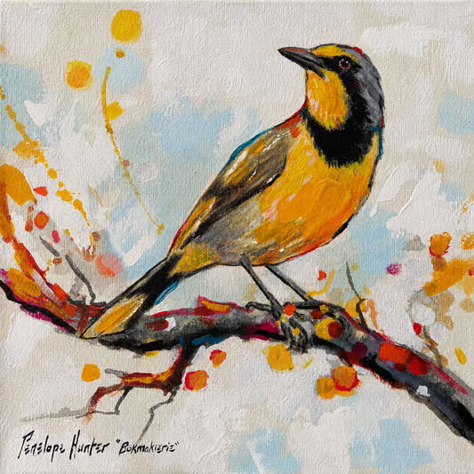 Penelope Hunter original acrylic painting on stretched canvas depicting an orange and black bird perched on a colourful branch